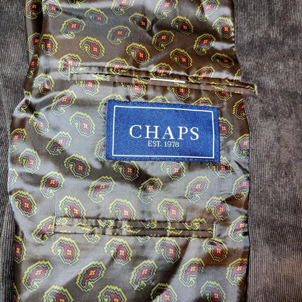 Chaps Fine Wale Corduroy Dark‎ Chocolate Brown Blazer 2 Button Front Vent 46R